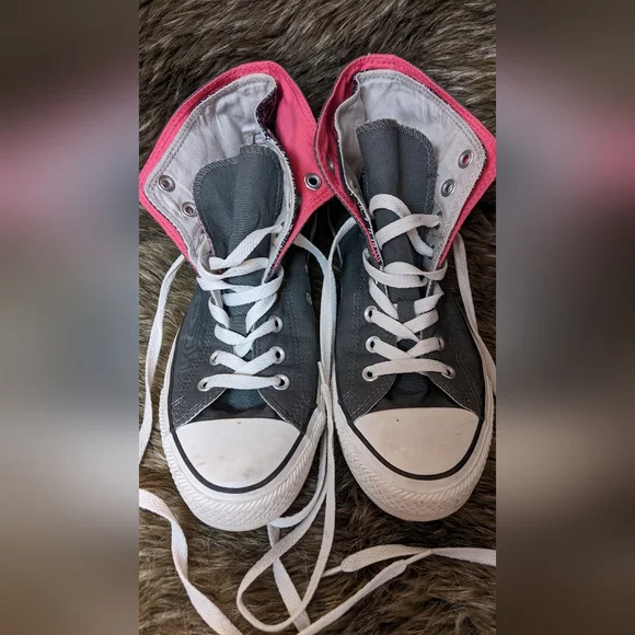 Lace Up Pink and Grey Converse- 8 - Picture 2 of 11